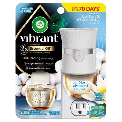 Air Wick Vibrant Scented Oil Air Freshener Advanced 1 Warmer and 1 Refill Kit - Cotton & White Lotus - 0.67 fl oz/2ct