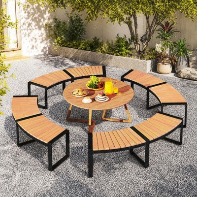 2-Person Curved Acacia Wood Outdoor Garden Bench with Slatted Seat and Metal Legs, 800 lbs Capacity (LOCAL PICKUP ONLY)