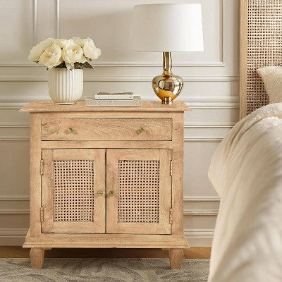 The Urban Port 30" Nightstand Table Rattan Cabinet Doors and Drawer Fronts Sandblasted Brown Mango Wood Brown (LOCAL PICKUP ONLY)
