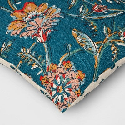 Square Floral Reversible Throw Pillow with Block Print Teal - Threshold