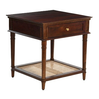 Storied Home Maxwelton Solid Wood End Accent Table Dark Chestnut/Natural: Traditional Style, Cane Shelf, Hidden Compartment (LOCAL PICKUP ONLY)