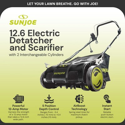Sun Joe Electric Lawn Dethatcher & Scarifier with 8-Gal Bag, 12 Amp, 12.6 Inch, Black - Gardening Machine & Equipment for Lawn, Yard & Grass, AJ801E (LOCAL PICKUP ONLY)