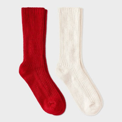 Women's Luxury Collection Cashmere Blend Fine Rib Super Soft 2pk Crew Socks - Auden Red/Ivory 4-10