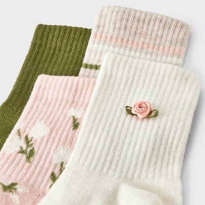 Women's 4pk Rib Ankle Socks - Rosette Cream