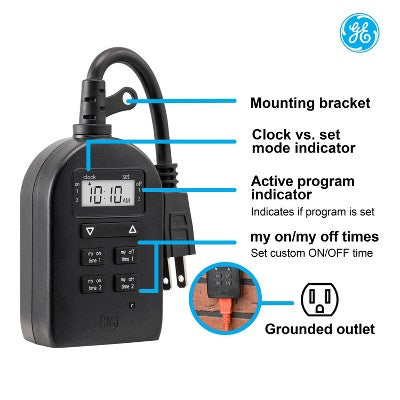 GE My Touch Smart Simple Set Digital Timer Outdoor 1 Grounded Outlet 2 Setting Trigger Plug Black: Light Timer Plug for Outdoor Use