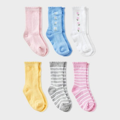 Baby Girls' 6pk Daisy Floral and Stripped Crew Socks - Cat & Jack 12-24M