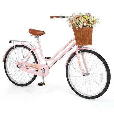 Costway 26-Inch Beach Cruiser Bike,with Adjustable Seat, Woven Basket & Rear Rack, Pink (LOCAL PICKUP ONLY)