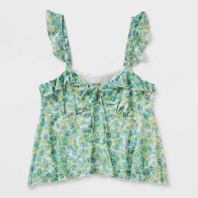 Women's Scoop Neck Chiffon Flutter Tank Top - Wild Fable Green Floral XXS
