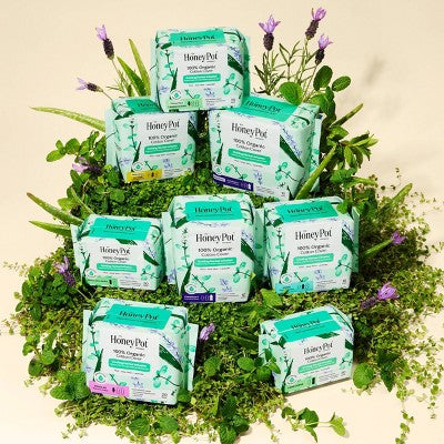 Honey Pot 100% Organic Cotton Cover Cooling Herbal Infusion Heavy Flow Daytime Pads - 14 ct