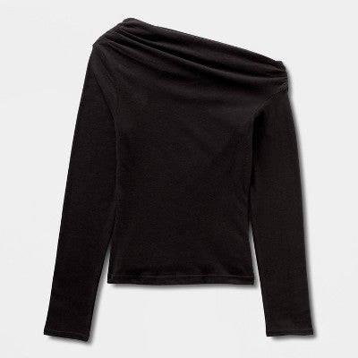 Women's One Shoulder Asymmetrical Knit Ribbed Top L