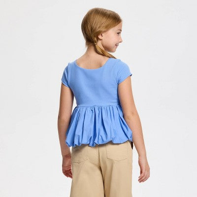 Owillo Girls' Short Sleeve Knit Bubble Hem Top - Blue S