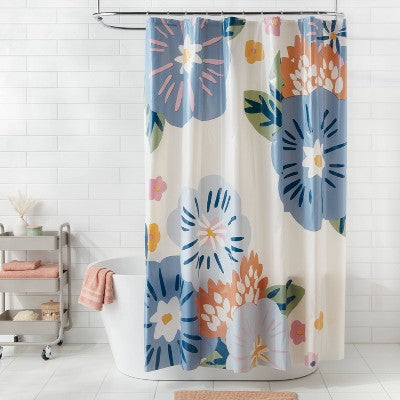 13pc PEVA Floral Blooms Shower Curtain and Rings Set Blue - Room Essentials
