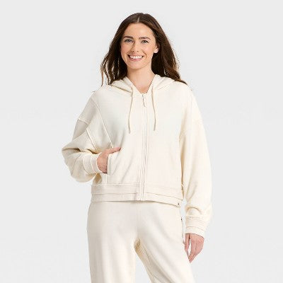 Women's French Terry Full Zip Hoodie Sweatshirt  JoyLab Cream L