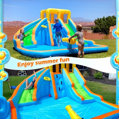 AS IS (slightly used) 141.3" x 126.4" x 81.9" 11-in-1 Inflatable Water Slide Park for Kid 3-12 w/2 Water Slides|550W Blower|5 Toys|Splash Pool|Climb Wall In/Outdoor (LOCAL PICKUP ONLY)