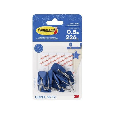 Command 9pk Damage-Free Hanging Small Wire Hooks with 12 Adhesive Strips Cobalt Blue