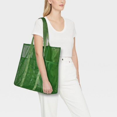 Mesh Packable Tote Handbag - Shade & Shore Green: Unstructured Recycled Polyester Beach Bag
