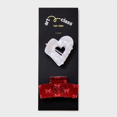Girls' 2pk Heart and Bow Claw Clip Set - art class Red/Ivory