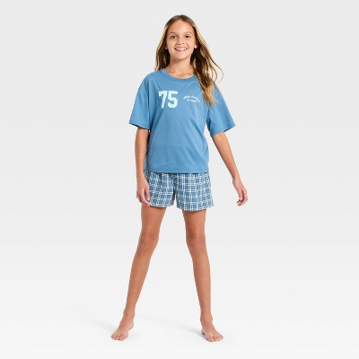 Girls' Athletic Boxer Shorts and T-Shirt Pajama Set - Blue L