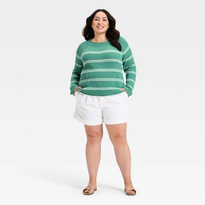 Women's Knit Pullover Sweater - A New Day Green/Cream Striped XXX
