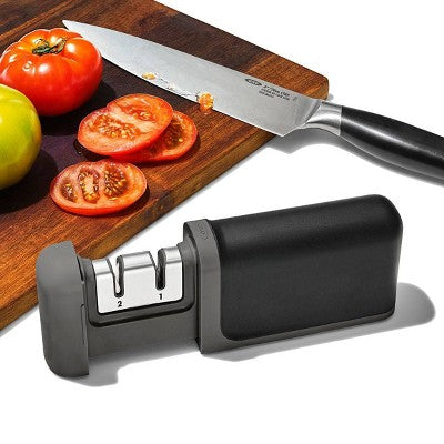 OXO Knife Sharpener: Manual Stainless Steel & Ceramic, Tungsten Carbide, Black, Lifetime Warranty, 5.39" Length