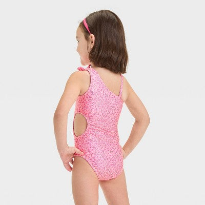 Toddler Girls' Leopard Spot Printed Cut Out Swimsuit With Bow 5T