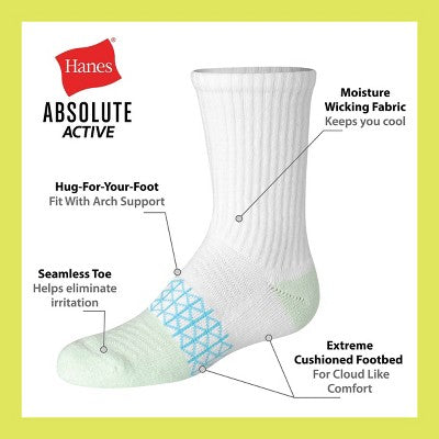 Hanes Girls' 4pk Absolute Active Crew Socks - White M