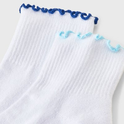 Women's Lettuce Edge Cushioned 2pk Ankle Socks - JoyLab White/Blue/Navy 4-10