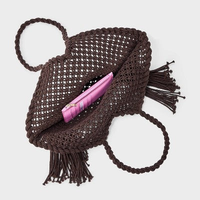 Hand Crafted Cotton Macrame Fringe Tote Bag - Universal Thread Brown