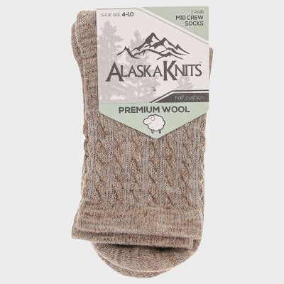 Alaska Knits Women's Textured Cable Wool Blend Midweight Boot Socks - Khaki 4-10