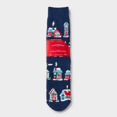 Men's Winter Village Cozy Crew Socks - Wondershop Navy Blue/Red 6-12