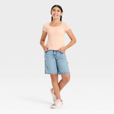 Girls' Short Sleeve Sweetheart Neck T-Shirt - art class Pink XL