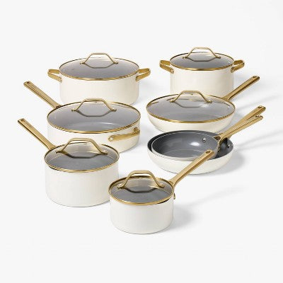 5qt Nonstick Ceramic Coated Aluminum Saute Pan with Champagne Handle Cream - Figmint