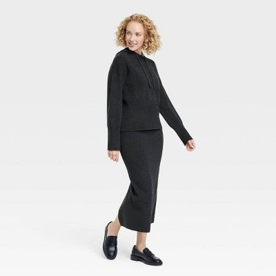 Women's Cozy Knit Hoodie Sweatshirt - A New Day Black L