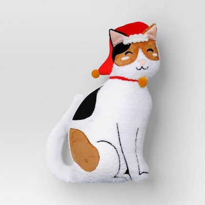 Shaped Christmas Kitty Faux Shearling Throw Pillow Ivory/Brown - Wondershop