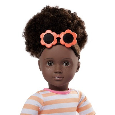 Our Generation Nadya 18" Doll with Swimsuit and Pink Pool Float Accessory: Fashion Doll, Curly Dark Brown Hair