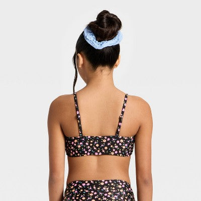 Girls' Floral Trilette Shirred Swimsuit Top - art class Black/Orange/Pink M