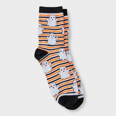 Women's Striped Fuzzy Ghost Halloween Crew Socks - Hyde and EEK! Boutique Black/White/Orange 4 -10