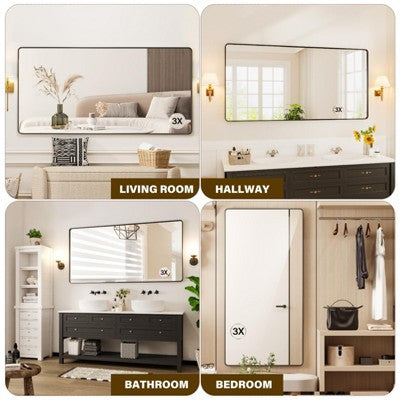72" x 36" Black Metal Framed Bathroom Mirror Rounded Rectangle Vanity Mirror with 3X Magnifying Glass for Over Sink (Hangs Horizontally/Vertically (LOCAL PICKUP ONLY)