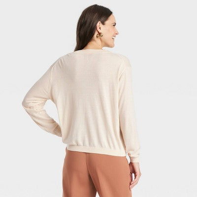Women's Fine Gauge V-Neck Pullover Sweater - A New Day Cream L