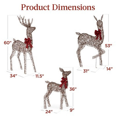 Best Choice Products 3-Piece Lighted Christmas Deer Set Outdoor Yard Decoration w/ 360 LED Lights, Stakes - Rattan (LOCAL PICKUP ONLY)