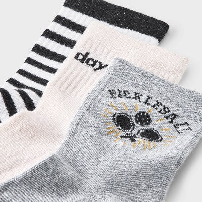 Women's Pickleball "Day Dinker" Cushioned Striped 3pk Mid Crew Socks - Universal Thread Heather Gray/Black/Pink 4-10: Cotton Blend