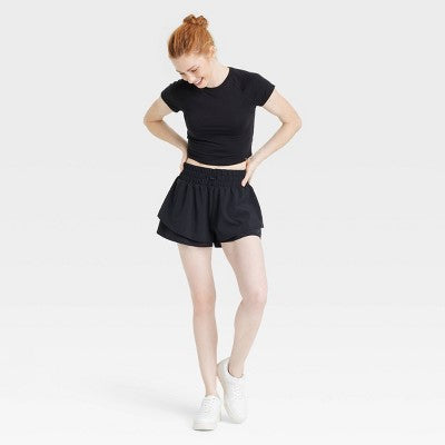 Women's Double Layer Mid-Rise Shorts 2.5" JoyLab Black SMALL