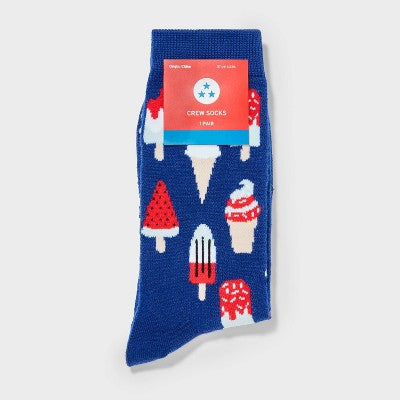 Women's "Free Meltdowns" Popsicles Crew Socks - Blue 4-10: Recycled Polyester, Ice Cream Pattern, Knit Fabric