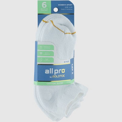 All Pro Women's 6pk Low Cut Socks - White 4-10: Moisture Wicking, Arch Support