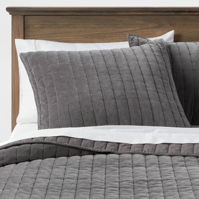 Euro Channel Stitch Velvet Sham Quilt Sham Charcoal - Threshold: OEKO-TEX Certified, Cotton Backing, Machine Washable
