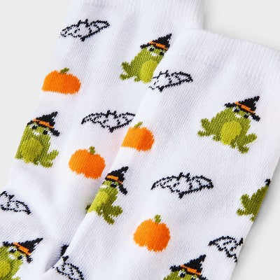 Women's Frog Witch Halloween Crew Socks - Hyde and EEK! Boutique White/Green/Black 4 - 10