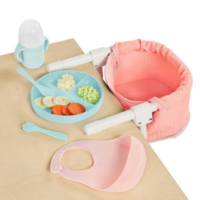 LullaBaby Doll Clip-On Table Seat and Accessories Set: Fits 14" Doll, Includes Play Food, Baby Theme, 12 Pieces