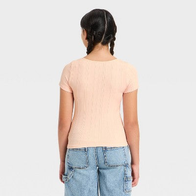 Girls' Short Sleeve Sweetheart Neck T-Shirt - art class Pink XL