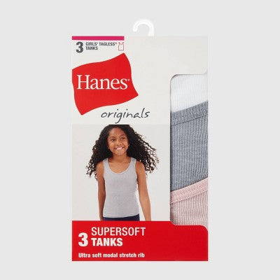 Hanes Originals Girls' 3pk Solid Ribbed Tank Top - White/Pink/Gray M