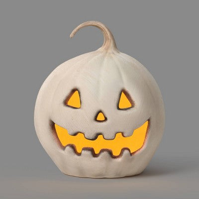 10.75" Lit Pumpkin Jack O' Lantern with Timer and Terracotta Look Halloween Decorative Prop Off-White- Hyde and EEK! Boutique